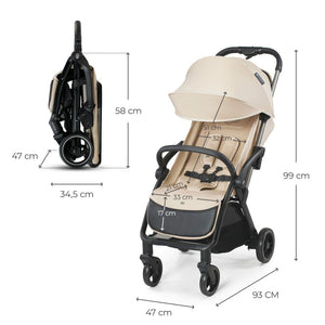 Dimensiones del coche Kinderkraft APINO: desplegado 99 cm de alto y 93 cm de largo, plegado 58 cm de alto y 34,5 cm de ancho