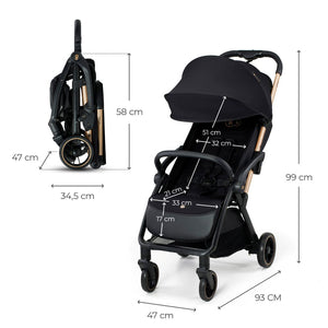 Dimensiones del coche Kinderkraft APINO: desplegado 99 cm de alto y 93 cm de largo, plegado 58 cm de alto y 34,5 cm de ancho
