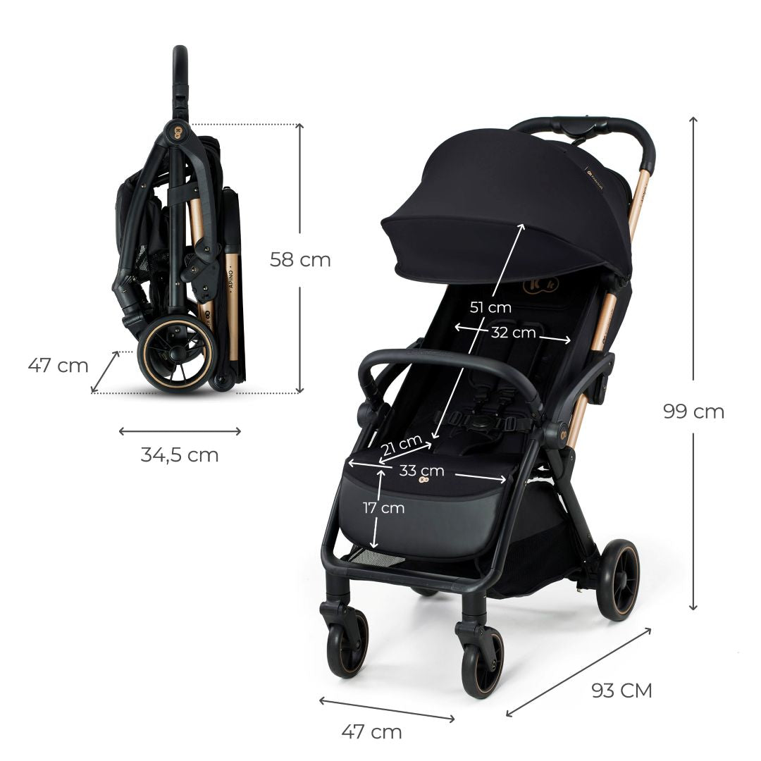 Dimensiones del coche Kinderkraft APINO: desplegado 99 cm de alto y 93 cm de largo, plegado 58 cm de alto y 34,5 cm de ancho