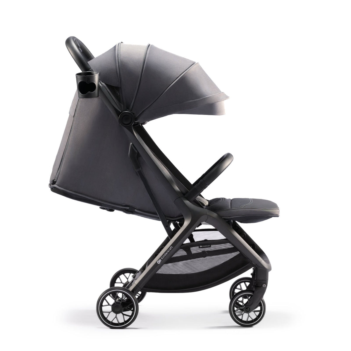 Coche de paseo Kinderkraft NUBI 2 gris con respaldo reclinado a posición tumbada, apto para recién nacido, vista lateral