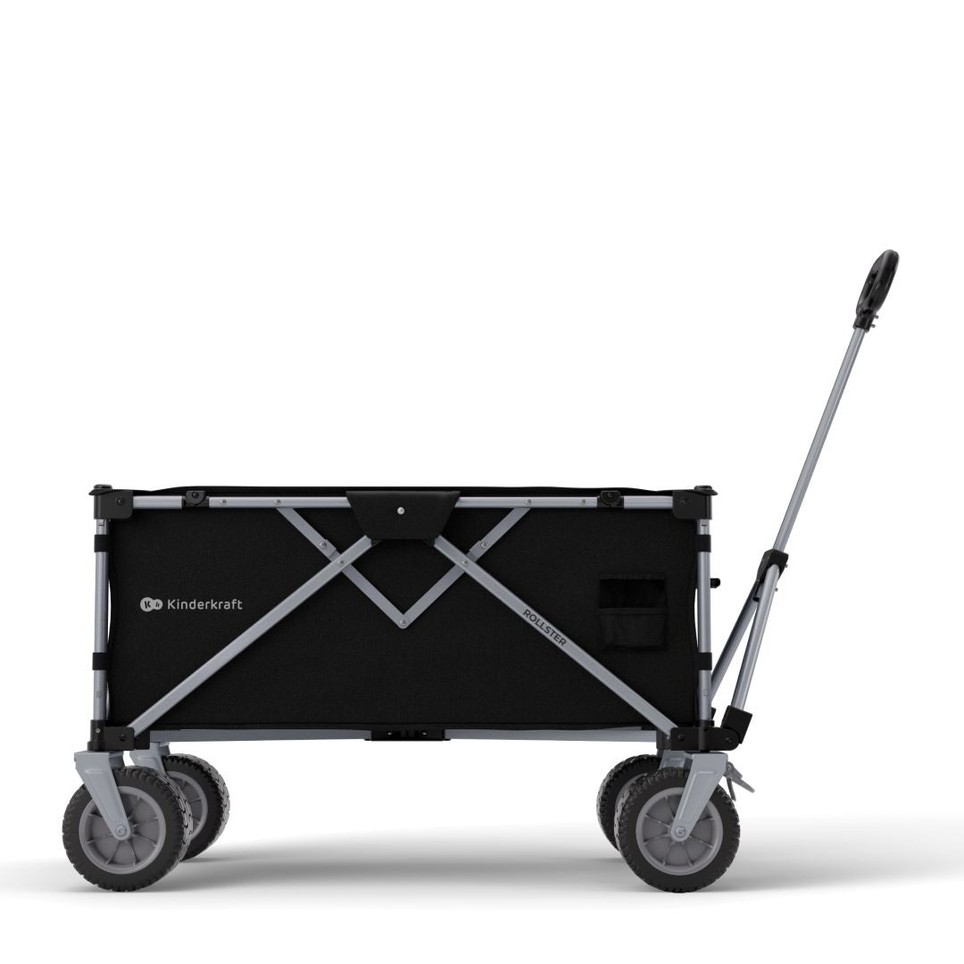 Carrito de transporte Kinderkraft ROLLSTER negro vista lateral con asa telescópica ajustable en altura, bolsillo de malla y ruedas 360°