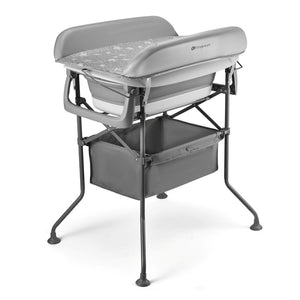 Bañera bebé Kinderkraft BUBBLY con mudador y bañera sobre estructura alta gris, configuración 5 en 1 con cesta de accesorios incluida
