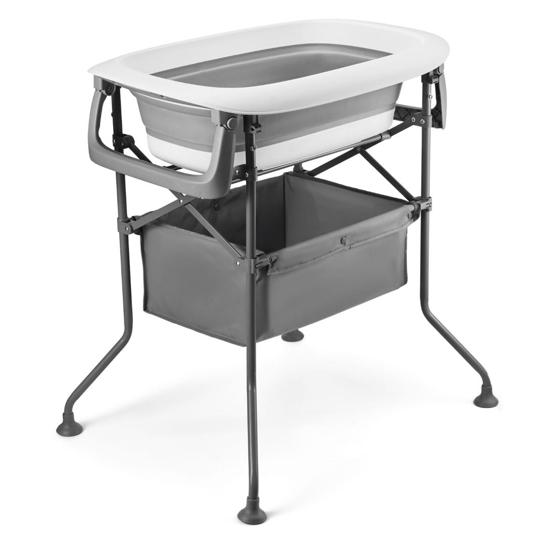 Bañera bebé Kinderkraft BUBBLY sobre estructura alta gris con cesta de accesorios incluida, configuración 5 en 1 multifuncional