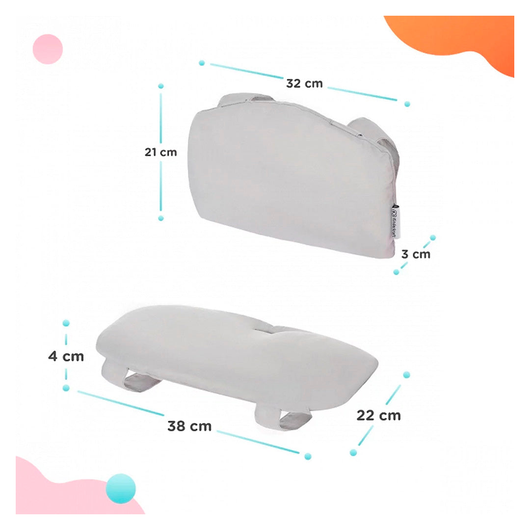 Set de 2 cojines: asiento + respaldo para silla de comer Enock, gris. Vista lateral con medidas.