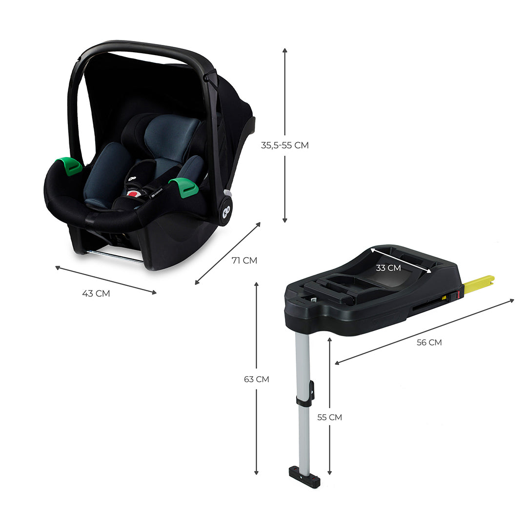 Silla de auto nido Kinderkraft MINK PRO i-Size negra con medidas: 43x71 cm, capota ajustable 35,5-55 cm, y base ISOFIX MINK FX 56x63 cm, ultraligera 3,5 kg para recién nacido hasta 13 kg