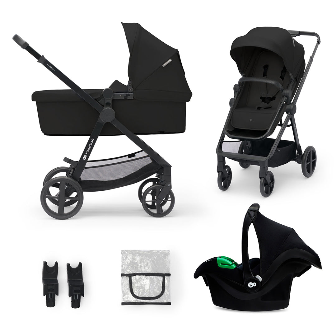 Set completo coche Travel System Kinderkraft NEWLY 3 en 1: moisés, silla, silla auto nido MINK PRO i-Size, adaptadores y protector lluvia