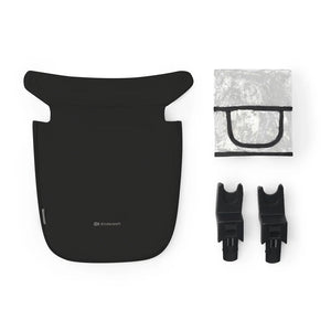 Accesorios incluidos del coche Kinderkraft NEWLY 3 en 1: cubrepiés negro, protector lluvia transparente y adaptadores universales para travel system