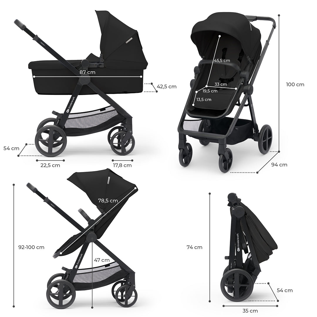 Dimensiones del coche Kinderkraft NEWLY 3 en 1 en modo moisés, silla, reclinado y plegado: alto 100 cm, largo 94 cm, plegado 74 cm