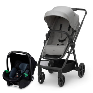 Travel system Kinderkraft NEWLY en modo silla junto a silla de auto nido MINK PRO i-Size, set completo para recién nacido color gris