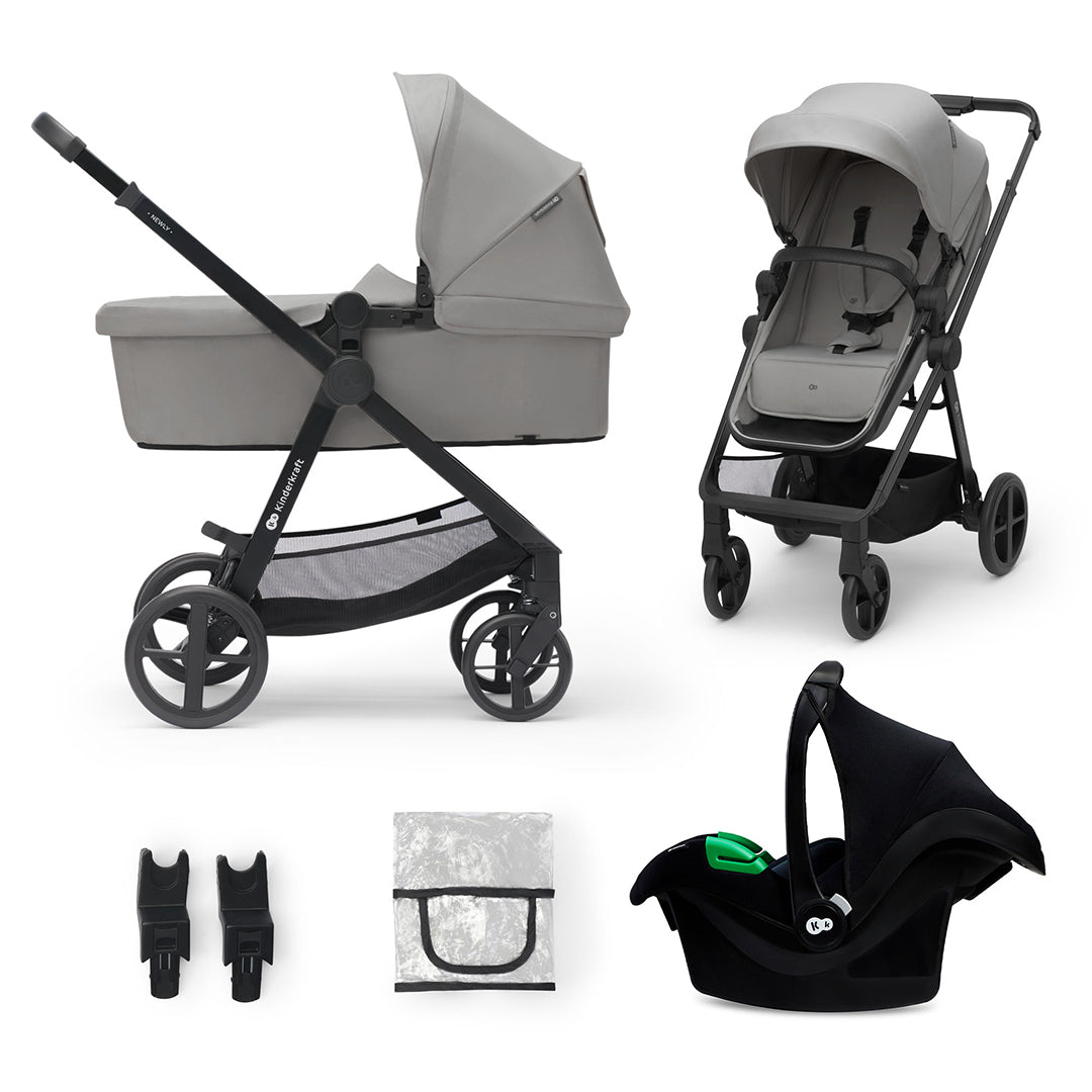 Set completo coche Travel System Kinderkraft NEWLY 3 en 1: moisés, silla, silla auto nido MINK PRO i-Size, adaptadores y protector lluvia