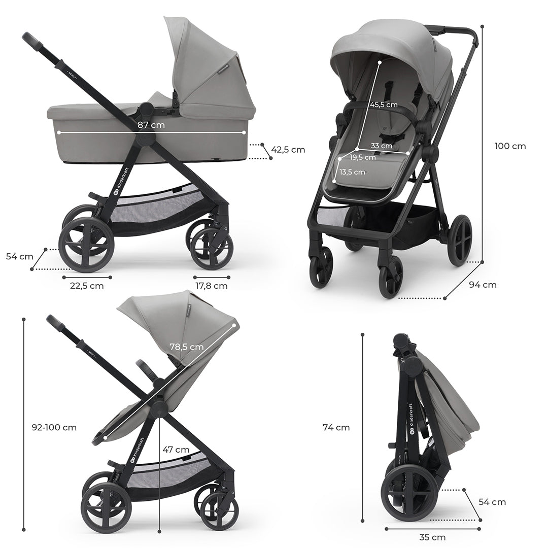 Dimensiones del coche Kinderkraft NEWLY 3 en 1 en modo moisés, silla, reclinado y plegado: alto 100 cm, largo 94 cm, plegado 74 cm
