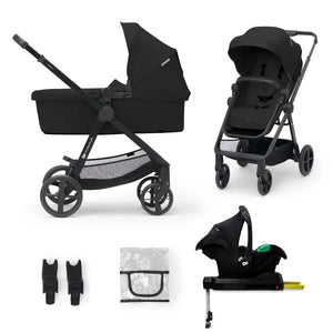 Set completo Kinderkraft Travel System NEWLY 4 en 1 negro: moisés, silla, silla nido MINK PRO i-Size con base ISOFIX MINK FX, adaptadores y protector lluvia