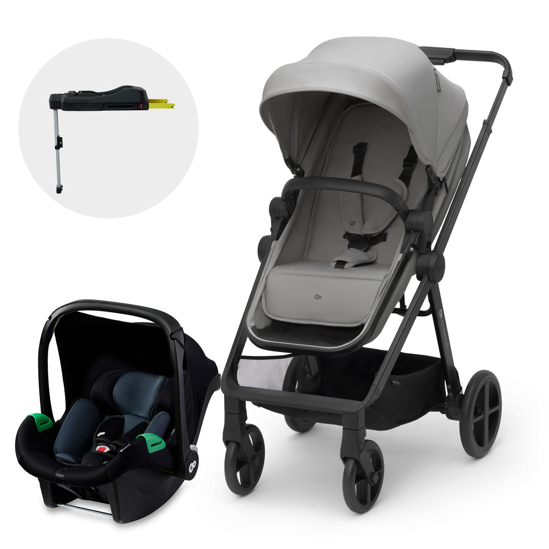 Travel system Kinderkraft NEWLY 4 en 1 en modo silla junto a silla nido MINK PRO i-Size y base ISOFIX MINK FX incluida, color gris