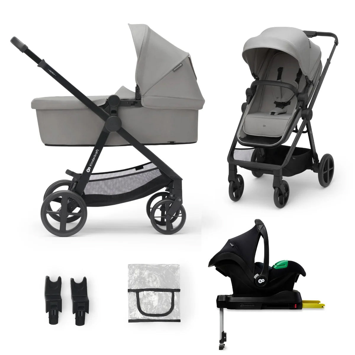 Set completo Kinderkraft Travel System NEWLY 4 en 1 negro: moisés, silla, silla nido MINK PRO i-Size con base ISOFIX MINK FX, adaptadores y protector lluvia