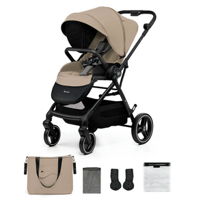Coche de paseo Kinderkraft YOXI beige con kit completo incluido: bolso para manillar, mosquitera, adaptadores travel system y protector lluvia impermeable