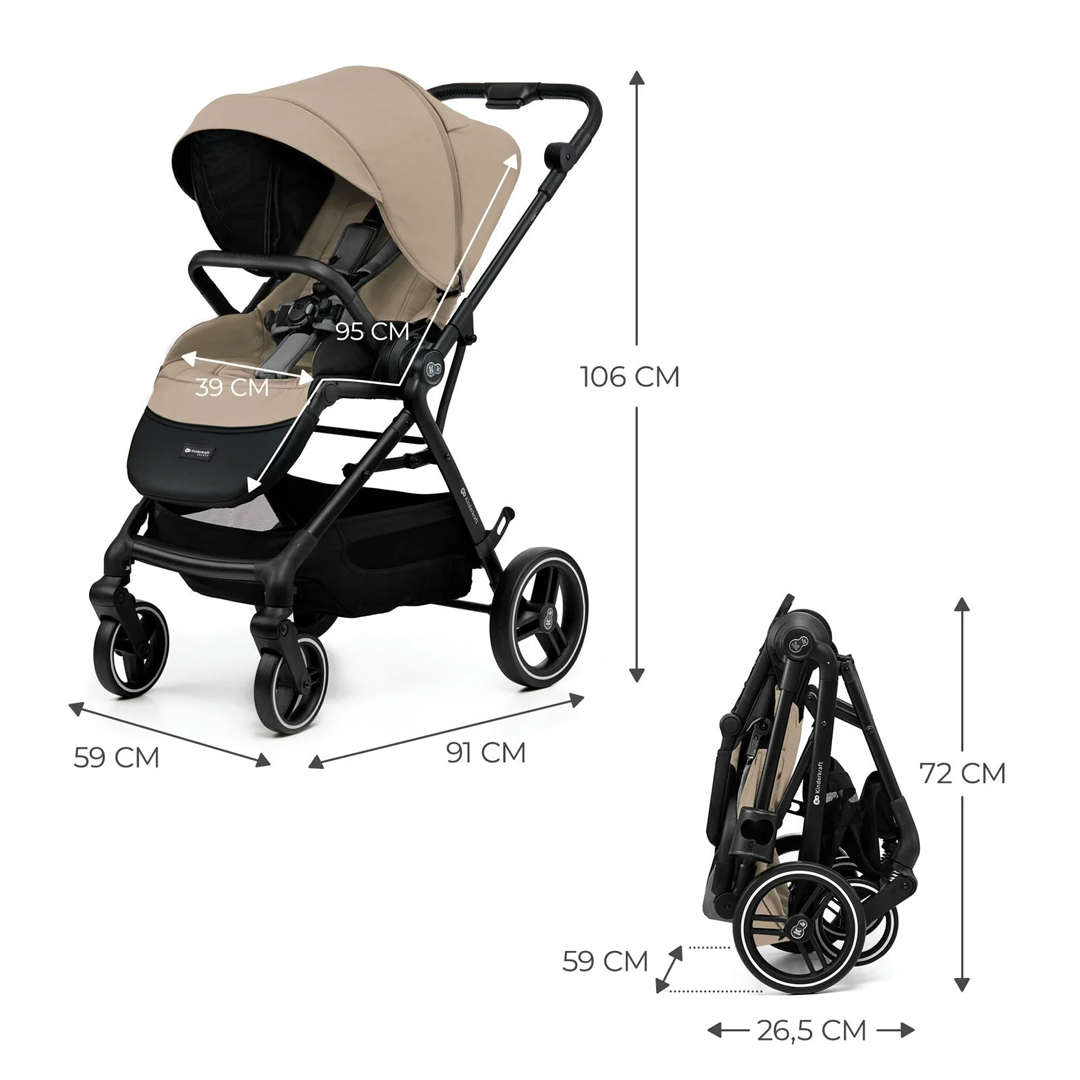 Coche de paseo Kinderkraft YOXI beige con medidas: 91x59x107 cm desplegado y 31x59x72 cm plegado, ruedas antipinchazos delanteras giratorias 360°