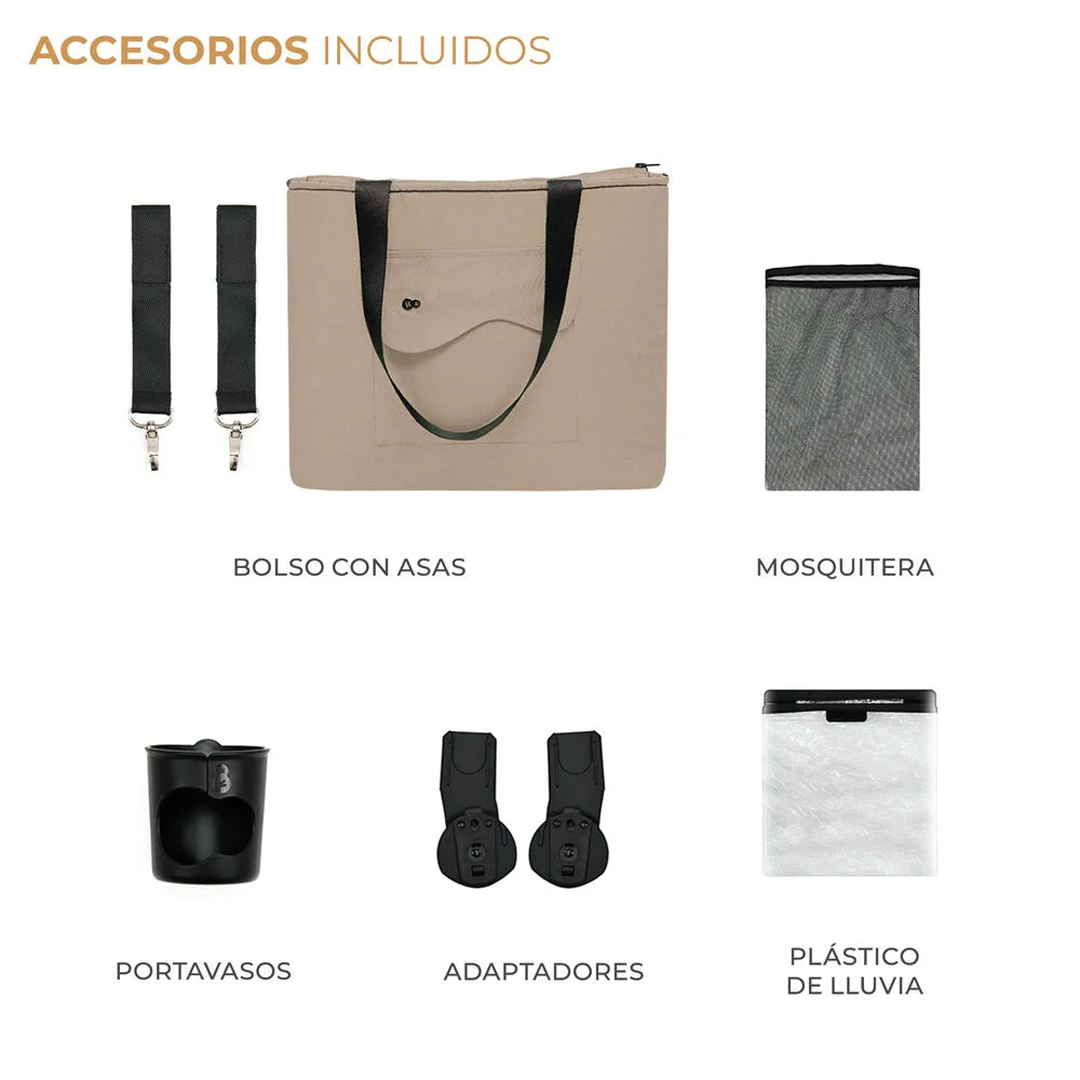 Accesorios incluidos coche de paseo Kinderkraft YOXI beige: bolso para manillar, mosquitera, portavasos, adaptadores travel system y protector de lluvia