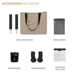 Accesorios incluidos coche de paseo Kinderkraft YOXI beige: bolso para manillar, mosquitera, portavasos, adaptadores travel system y protector de lluvia