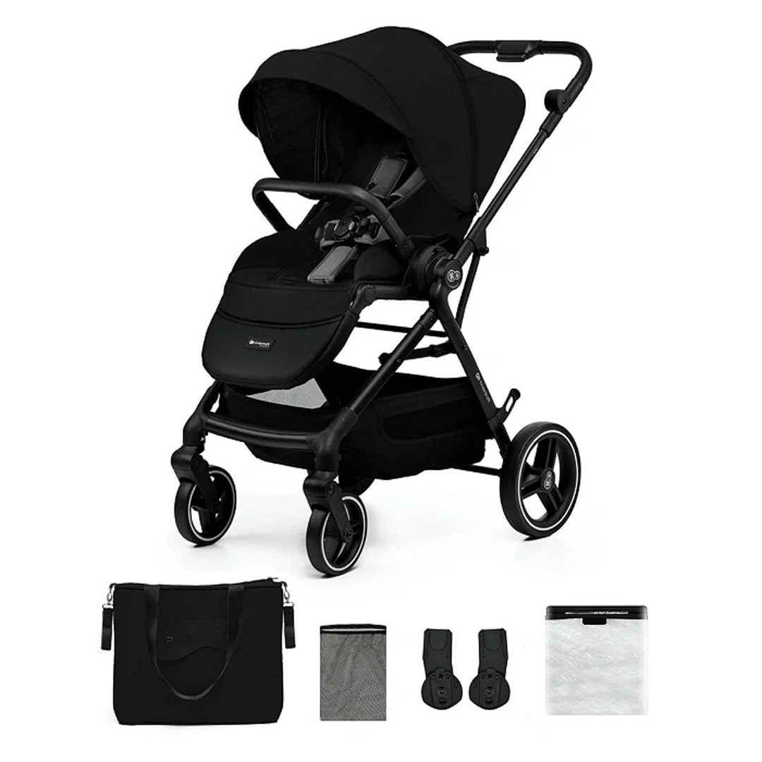 Travel system Kinderkraft YOXI negro con silla nido Mink Pro y base ISOFIX incluidos, adaptadores para silla de auto compatibles, todo en un solo sistema desde recién nacido