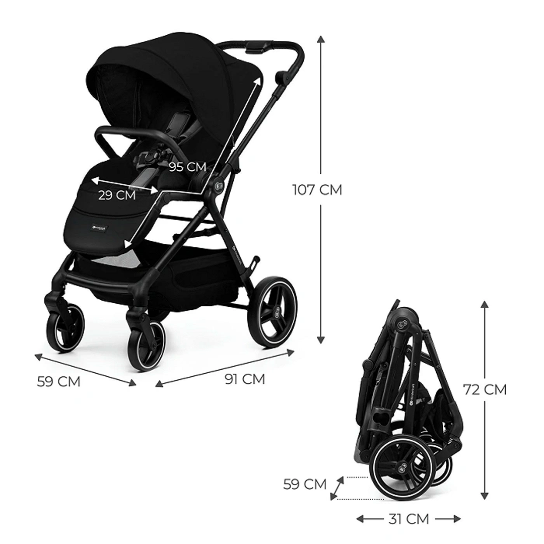 Coche de paseo Kinderkraft YOXI negro con medidas: 91x59x107 cm desplegado y 31x59x72 cm plegado, ruedas antipinchazos delanteras giratorias 360°