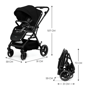 Coche de paseo Kinderkraft YOXI negro con medidas: 91x59x107 cm desplegado y 31x59x72 cm plegado, ruedas antipinchazos delanteras giratorias 360°