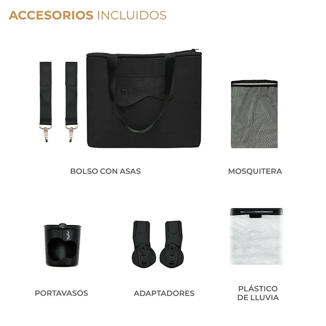 Accesorios incluidos coche Travel System Kinderkraft YOXI negro: bolso para manillar, mosquitera, portavasos, adaptadores travel system y protector de lluvia