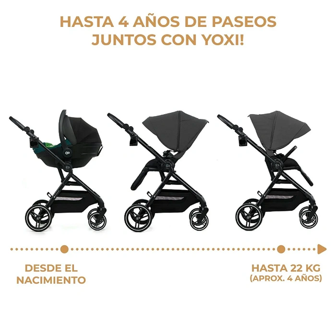 Coche Travel System Kinderkraft YOXI gris en 3 configuraciones: travel system con silla nido desde el nacimiento, posición tumbada y posición sentada hasta 22 kg o 4 años