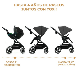 Coche Travel System Kinderkraft YOXI gris en 3 configuraciones: travel system con silla nido desde el nacimiento, posición tumbada y posición sentada hasta 22 kg o 4 años