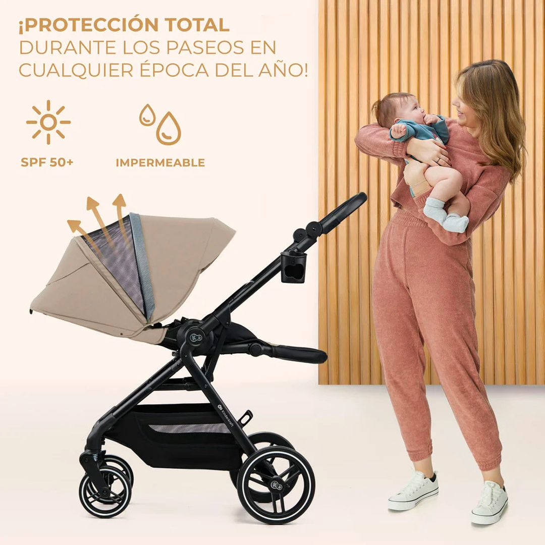 Coche Travel System Kinderkraft YOXI beige con capota impermeable SPF50+ y panel de ventilación, protección total contra sol y lluvia en cualquier época del año