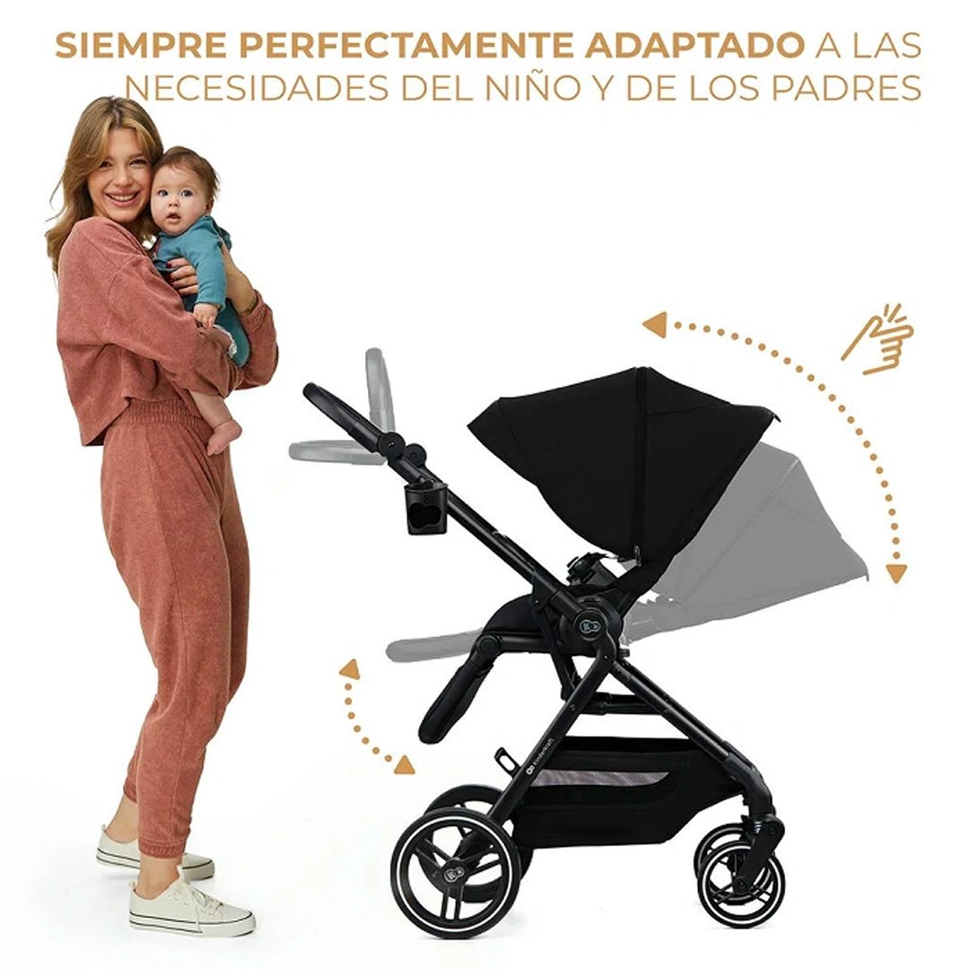 Coche Travel System Kinderkraft YOXI negro con respaldo regulable en 4 niveles hasta posición tumbada, adaptable a las necesidades del bebé y los padres
