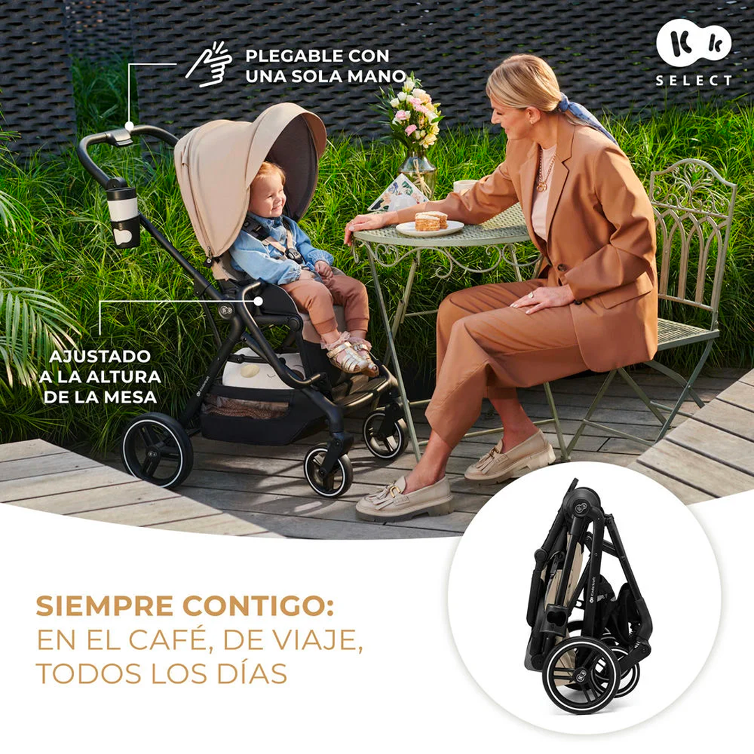 Coche de paseo Kinderkraft YOXI beige plegable con una sola mano, manillar ajustable a altura de mesa, ideal para ciudad, viaje y uso diario con portavasos incluido