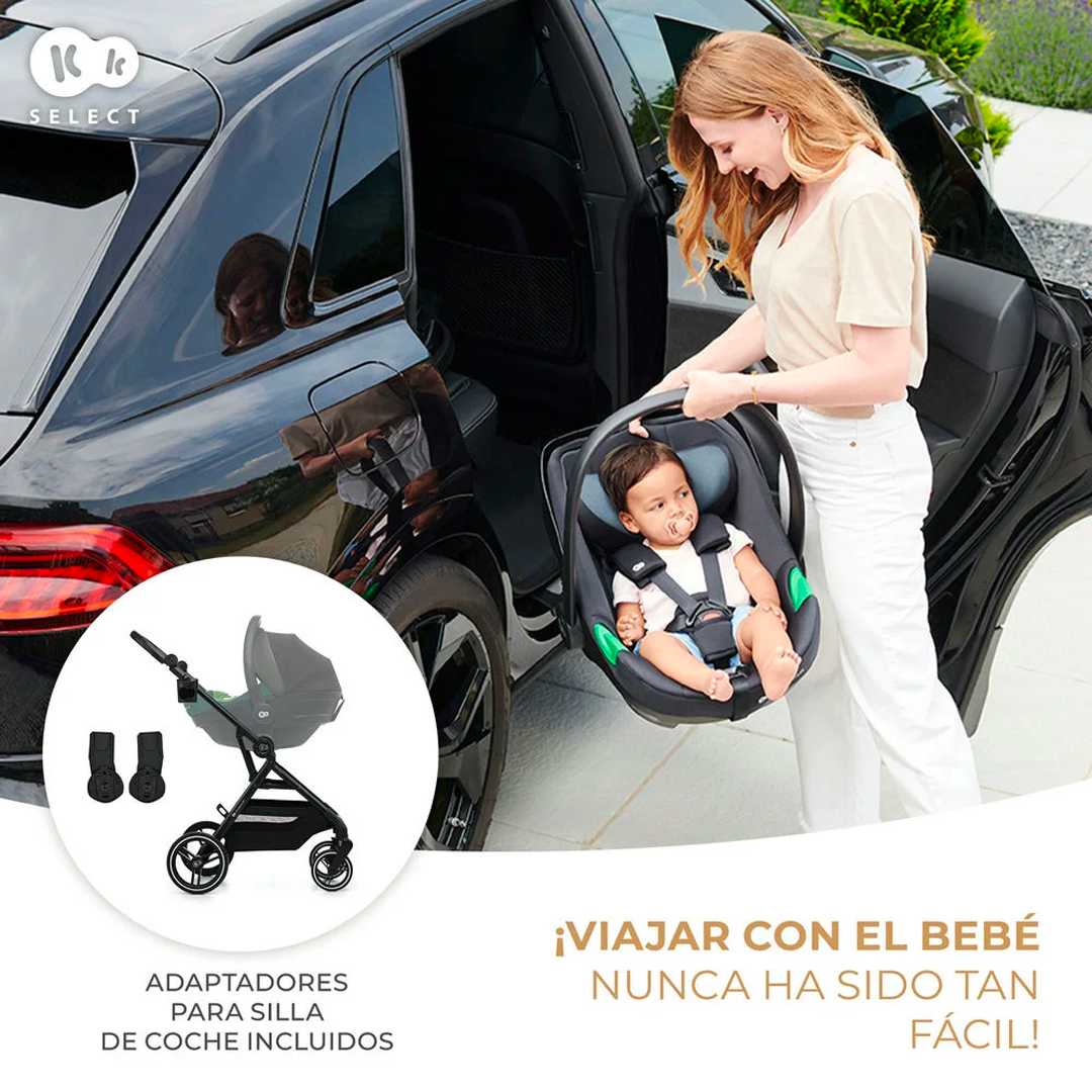 Coche de paseo Kinderkraft YOXI transformable en travel system con adaptadores incluidos para silla nido, fácil instalación para viajar cómodo con bebé