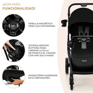 Coche de paseo Kinderkraft YOXI negro con hebilla magnética de arnés, sistema memory buttons para liberar asiento con una mano y mosquitera guardada en reposapiés