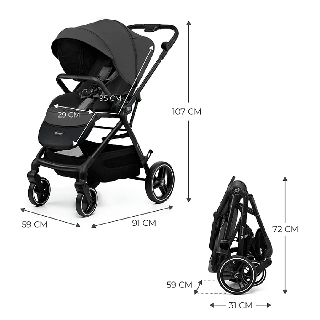 Coche de paseo Kinderkraft YOXI gris con medidas: 91x59x107 cm desplegado y 31x59x72 cm plegado, ruedas antipinchazos delanteras giratorias 360°