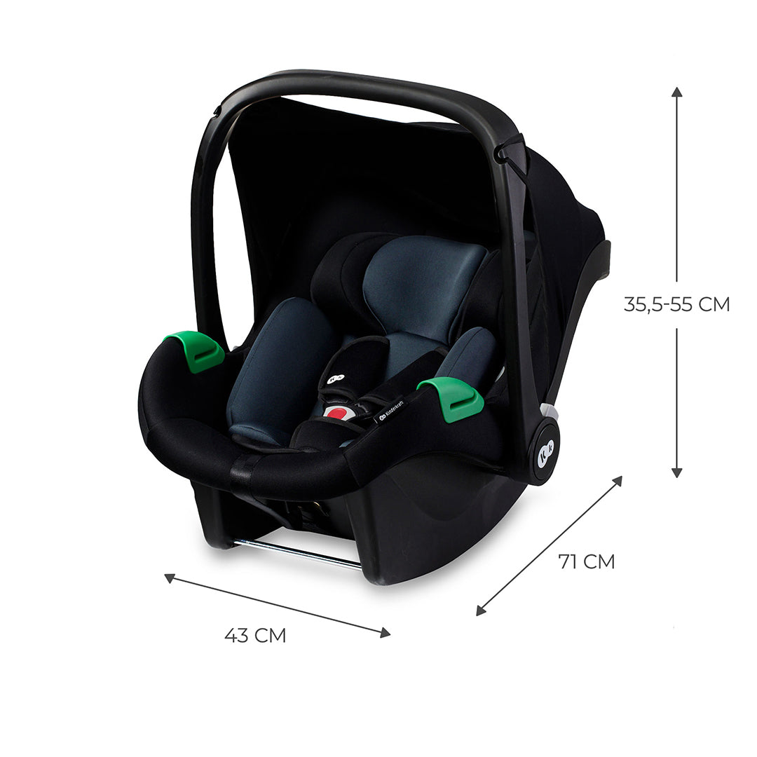 Silla de auto nido Kinderkraft MINK PRO i-Size negra con medidas: 43x71 cm, capota ajustable 35,5-55 cm, y base ISOFIX MINK FX 56x63 cm, ultraligera 3,5 kg para recién nacido hasta 13 kg