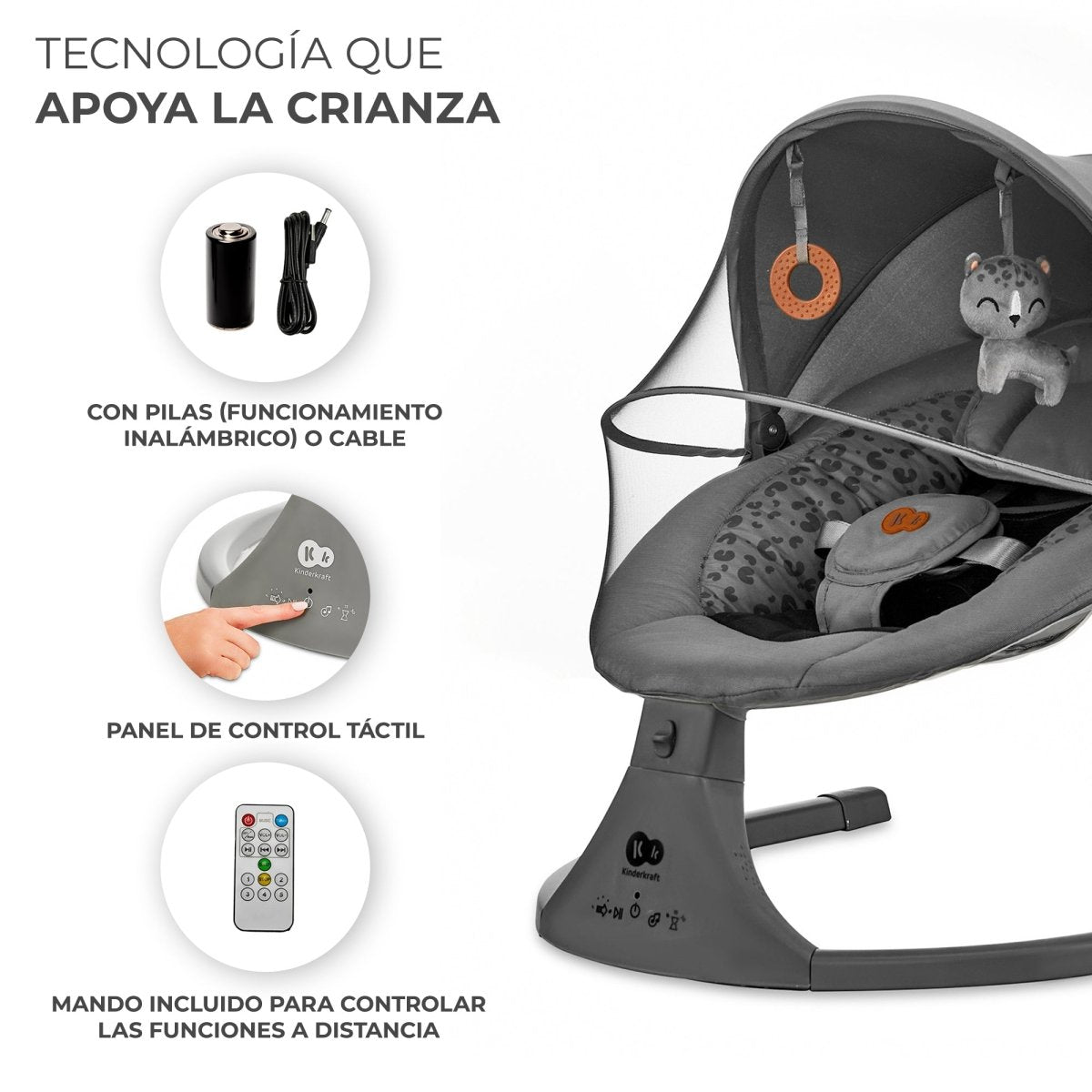 Mecedora eléctrica Kinderkraft LUMI 2 con mosquitera, funciona con pilas o cable, panel táctil y mando a distancia incluido para control remoto