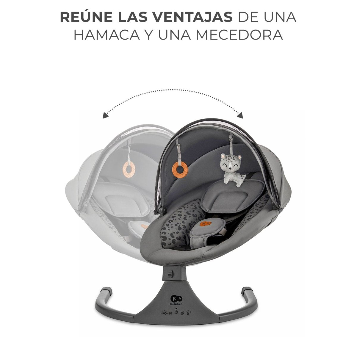 Mecedora eléctrica bebé Kinderkraft LUMI 2 gris oscuro, 2 en 1 hamaca y mecedora eléctrica con movimiento lateral y frontal, 5 velocidades de balanceo