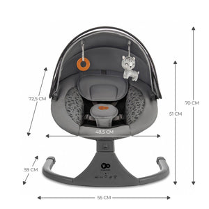 Mecedora eléctrica Kinderkraft LUMI 2 gris oscuro con medidas: 55 cm de ancho, 70 cm de alto total, asiento 48,5 cm de ancho y 51 cm de alto, profundidad 59 cm