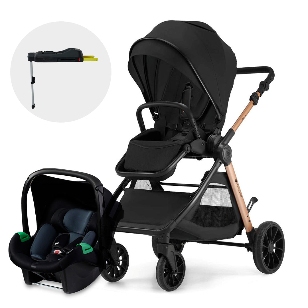 Coche Travel System VESTO 2 de Kinderkraft negra: asiento reversible, plegado compacto con una sola mano, ruedas todo terreno, capota XL. Con Silla MINK PRO y base Isofix. Vista principal.